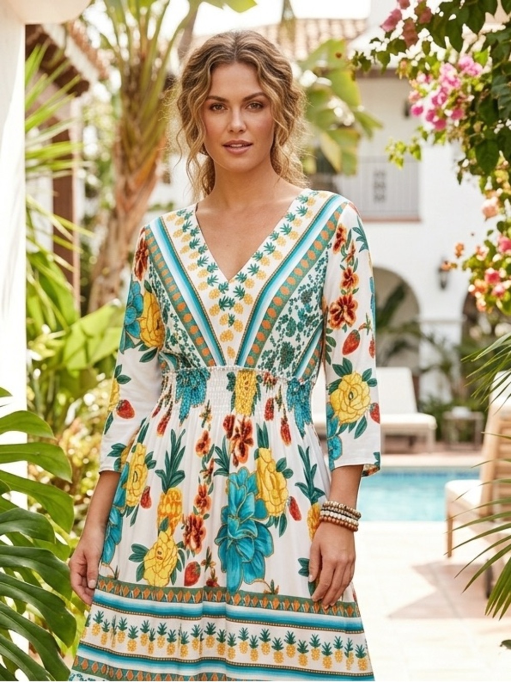 Ashley Taylor Boho Floral Pineapple Smocked Waist Midi Dress Size M